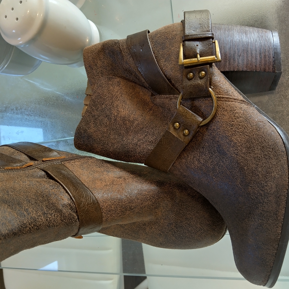 Rustic Brown Ankle Booties with Straps and Rounded Toe